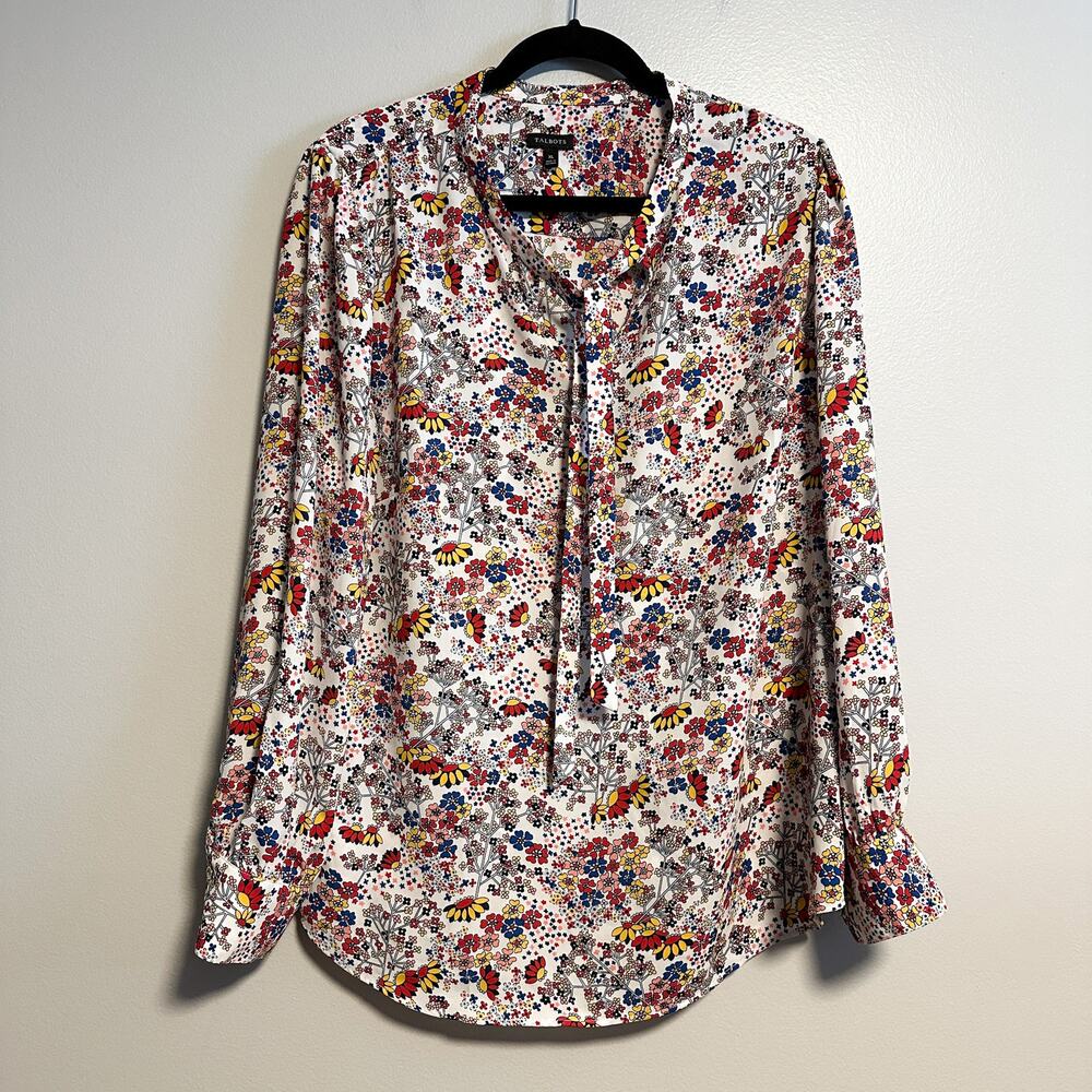 Talbots Meadow Colorful Floral Tie Neck Blouse Top Size XL - Picture 4 of 11